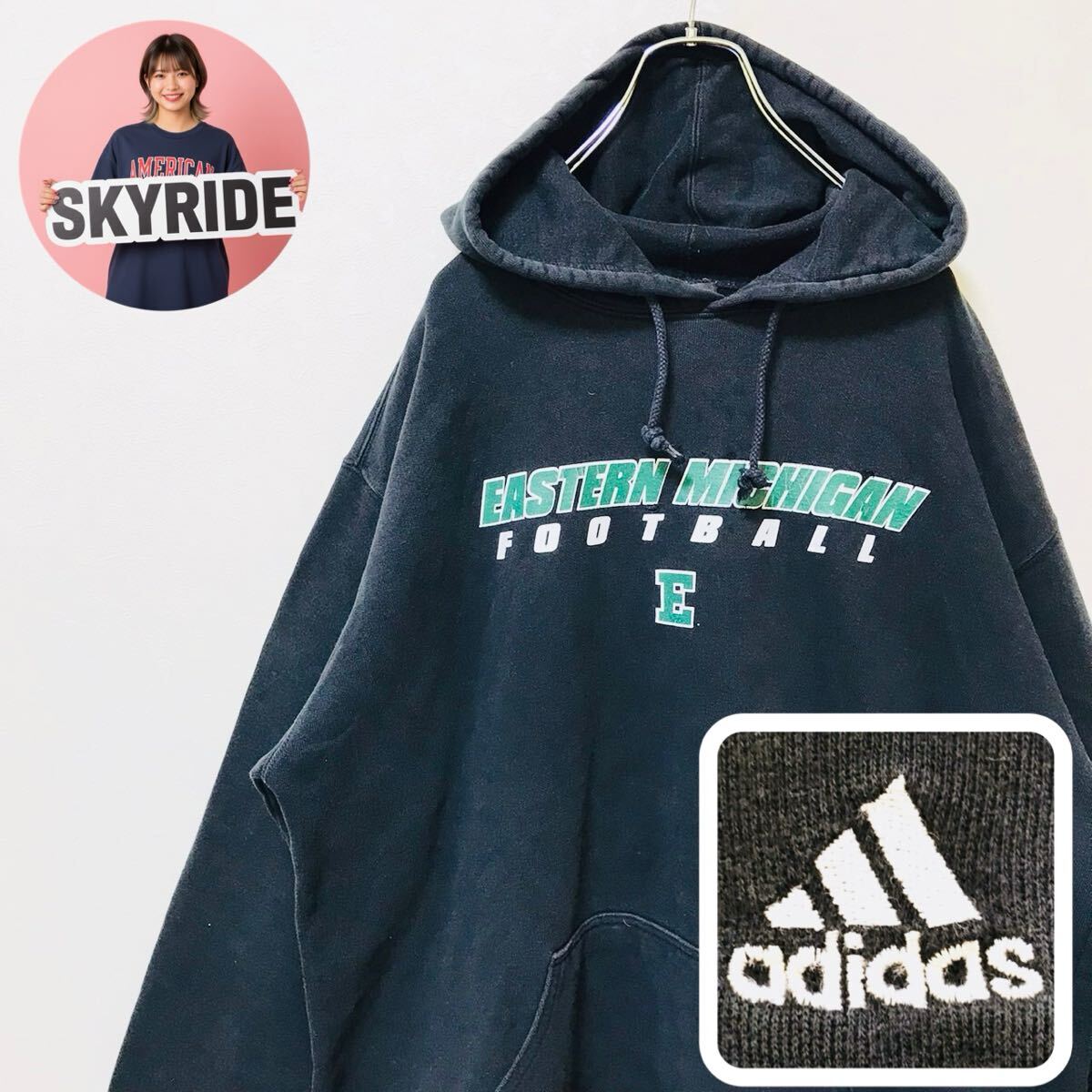 【人気】adidas アディダス 2000s パーカー ブラック XL カレッジプリント EASTERN MICHIGAN スリーストライプス ビッグシルエット #TT0360拍卖