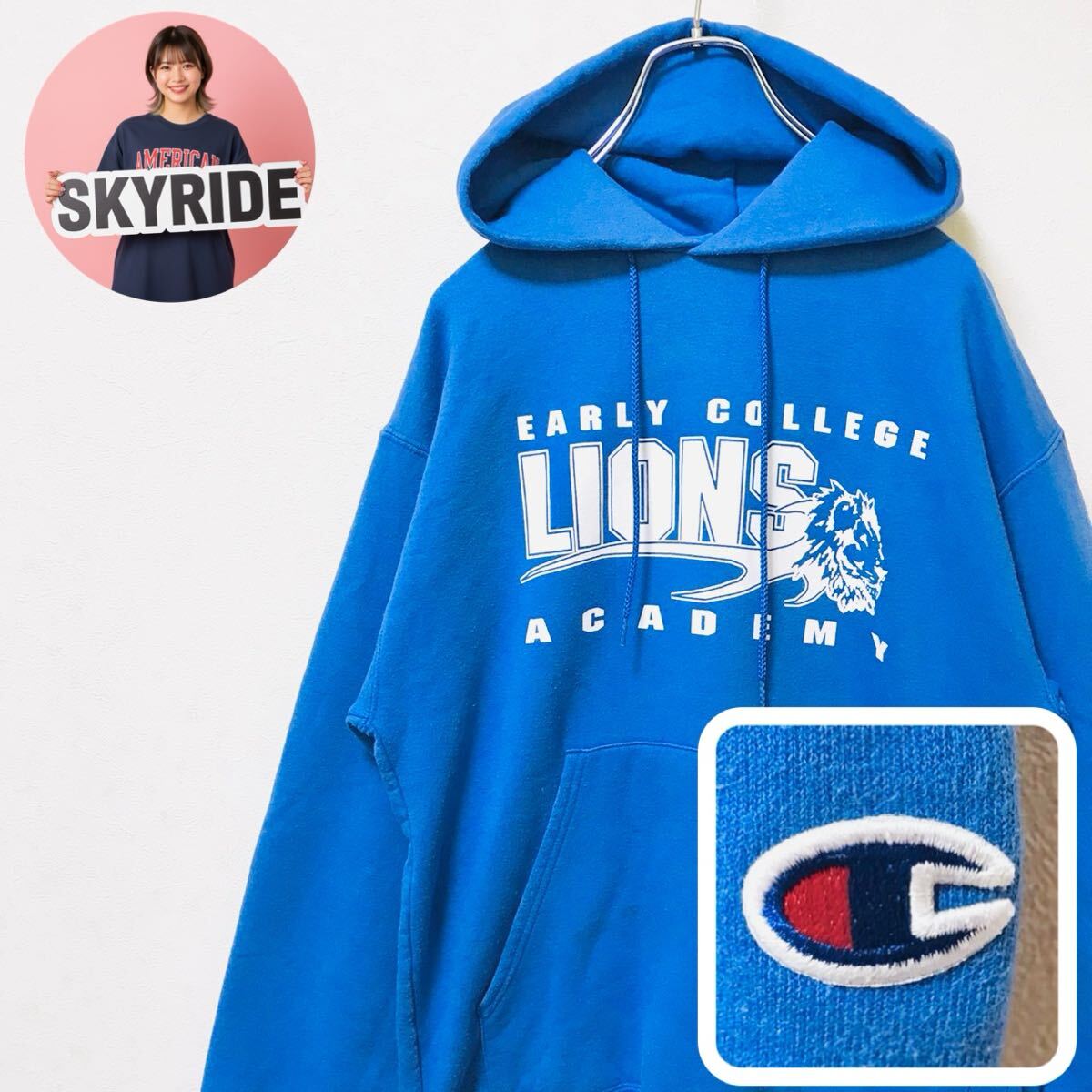 【定番】Champion チャンピオン 2000s パーカー ブルー Sサイズ Cロゴ ワンポイント カレッジプリント ストリート スウェット 古着 #TT0361拍卖