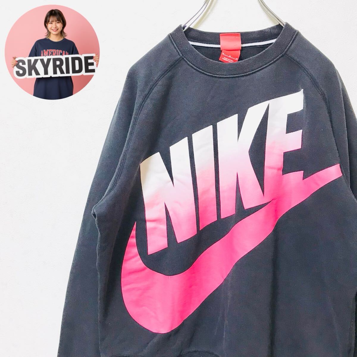 【定番】Nike ナイキ スウェット トレーナー ビッグロゴ スウッシュ ラグラン Mサイズ ブラック コットン混 古着 ゆるだぼ #TT0362拍卖