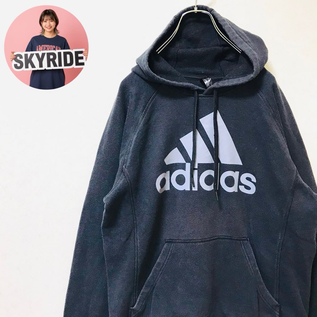 【人気】adidas アディダス 2010s パーカー ビッグロゴ スリーストライプス S ブラック コットン混 ゆるだぼ ストリート 古着 #TT0366拍卖