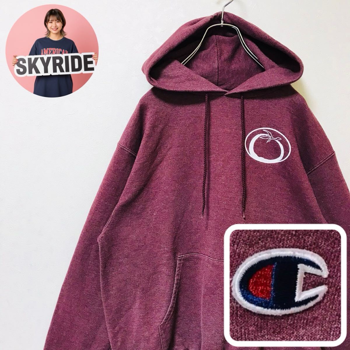 【人気】Champion チャンピオン 企業ロゴ パーカー エンジ Mサイズ Cロゴ刺繍 プルオーバー スウェット ゆるだぼ 古着 #TT0371 拍卖