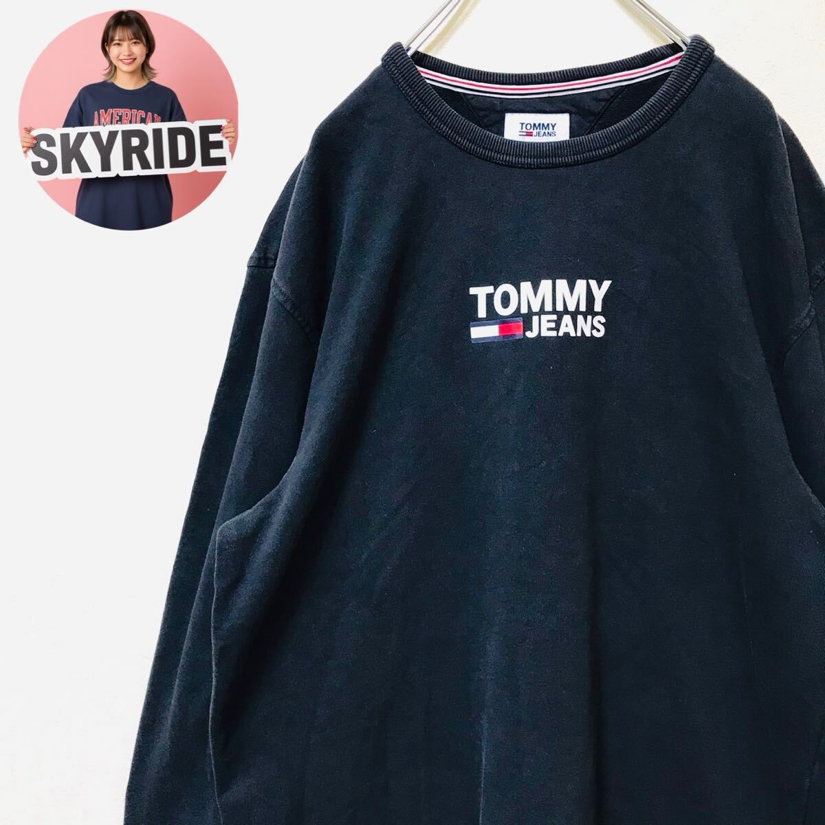 Y2K トミージーンズ TOMMY JEANS スウェット 刺繍ロゴ ブラック XL コットン100% ビッグシルエット ストリート系 通年着用可 #TT0388拍卖