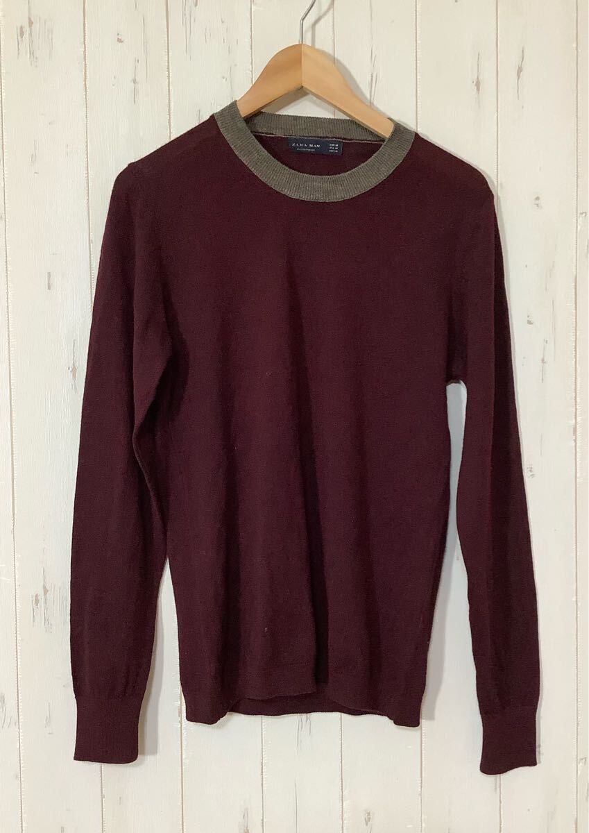 ち1712 ZARA MAN ザラマン 長袖ニット M バーガンディ 薄手拍卖