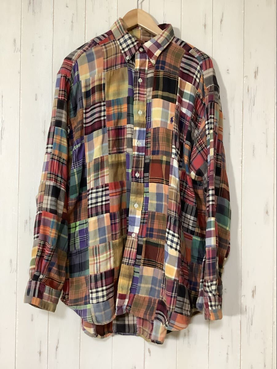 ち1764 Ralph Lauren ラルフローレン BLAKE パッチワーク ネルシャツ 長袖シャツ ボタンダウン M ブラック/パープル/オレンジ/レッド拍卖