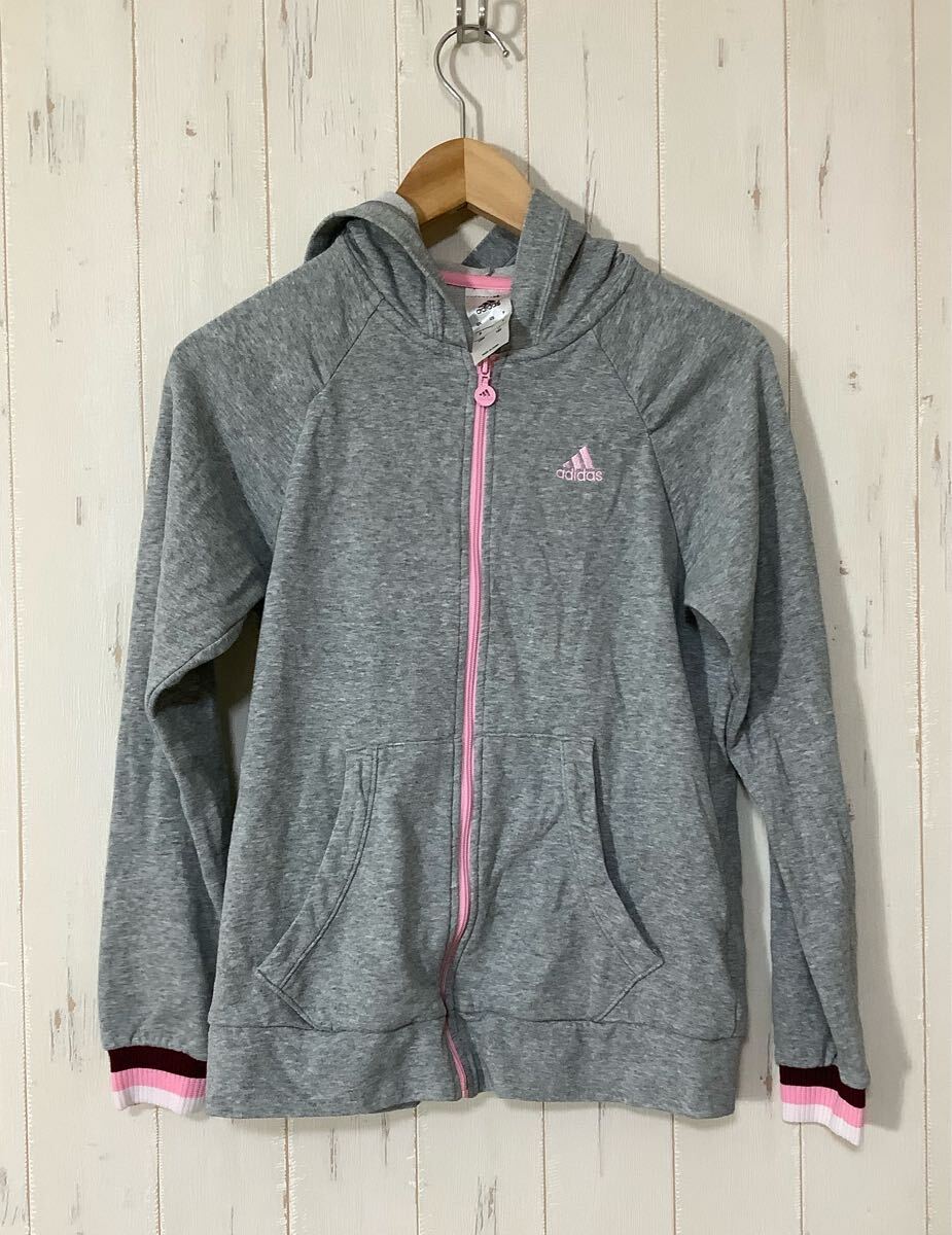 せ1733 adidas アディダス セットアップ スウェットパーカー クロップドパンツ キッズ 160 グレー 裏地パイル climalite拍卖