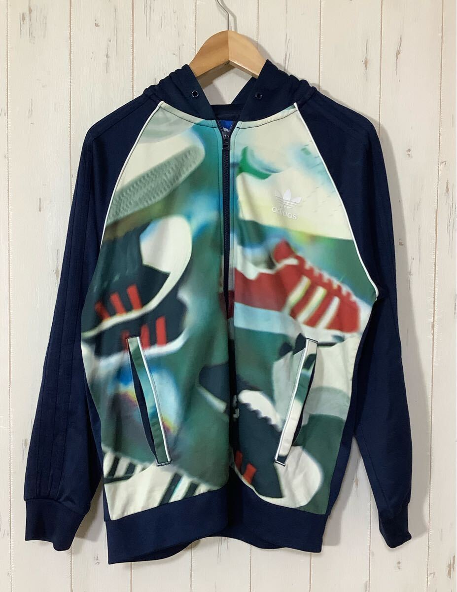 ち1743 adidas originals アディダスオリジナルス ジップアップ ジャージパーカー L ネイビー スニーカープリント拍卖