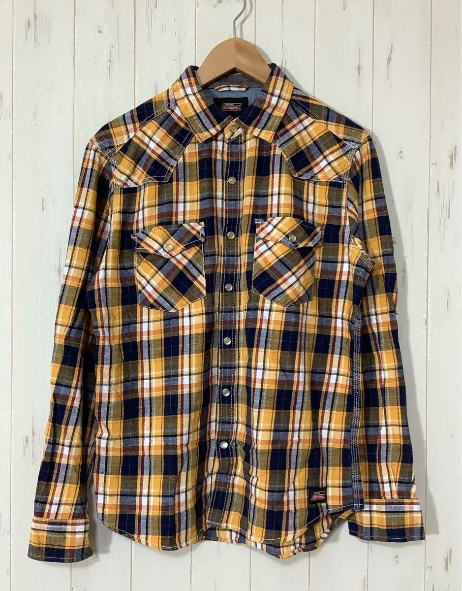 つ1706 Dickies ディッキーズ チェック 長袖シャツ ウエスタンシャツ L ネイビー/イエロースリムフィット拍卖