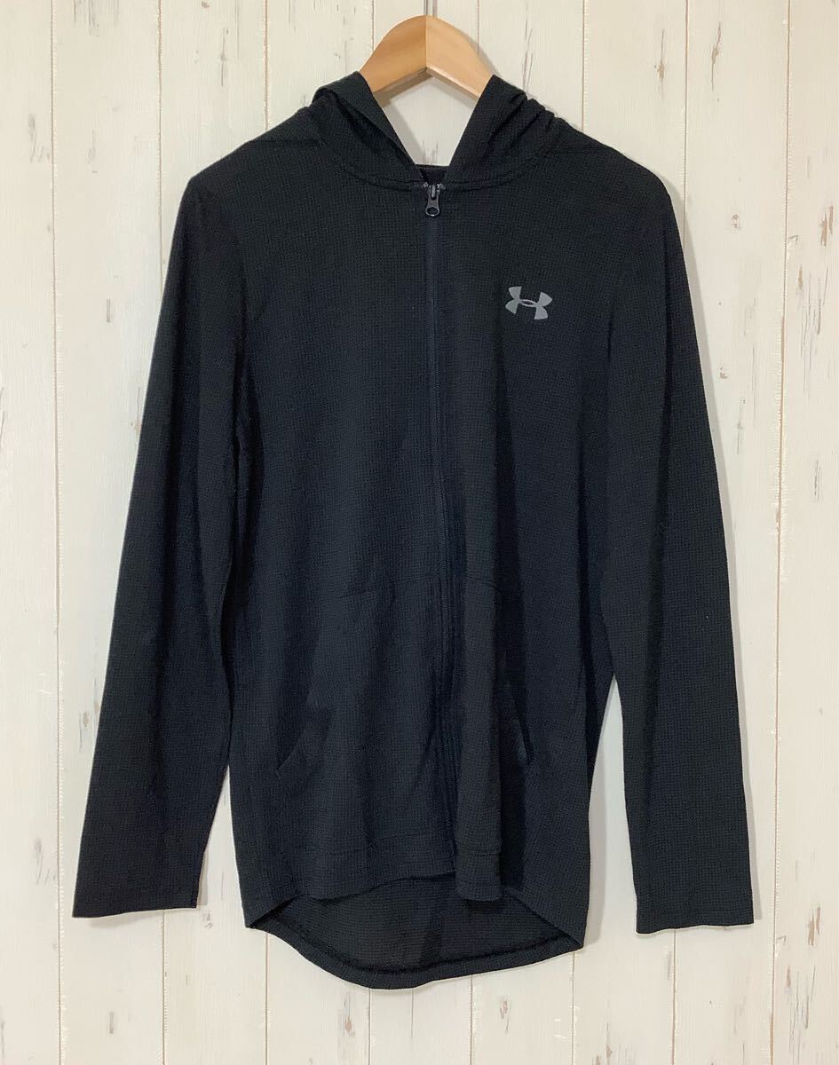 く175 UNDER ARMOUR アンダーアーマー ジップアップ ジャージパーカー MD ブラック ヒートギア ロゴプリント 薄手拍卖