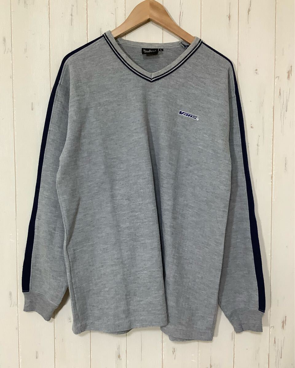 き1756 VANS バンズ 長袖ポロシャツ ロンT L グレー Vネック ロゴ刺繍拍卖