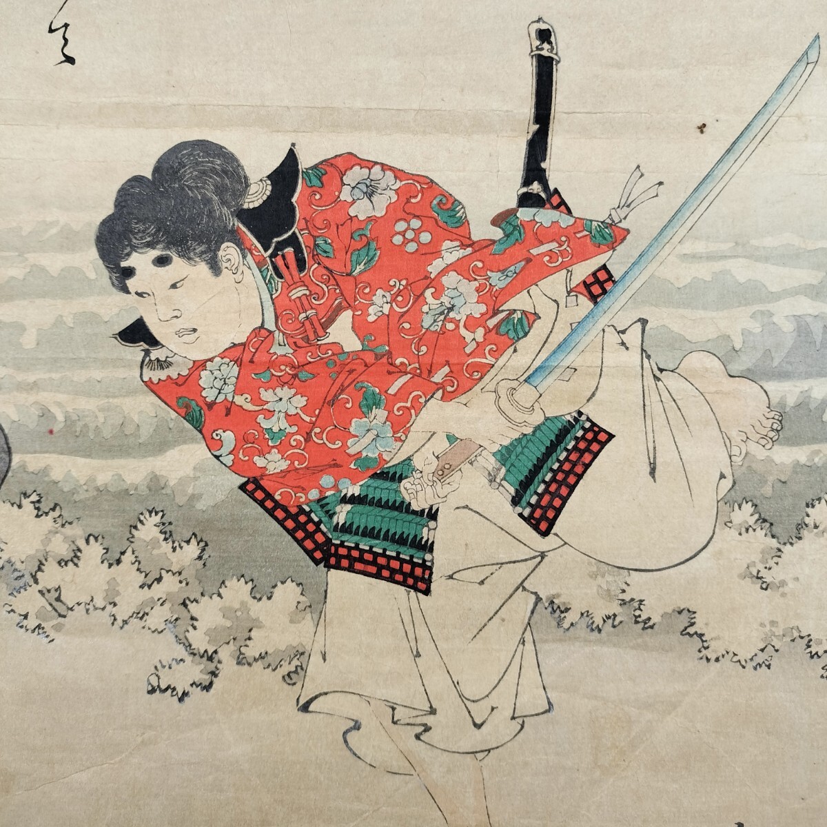 明治期/真作 楊洲周延「屋島之役」右 本物浮世絵木版画 武者絵 錦絵 大判 裏打ち拍卖