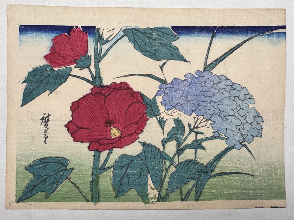 【真作】本物浮世絵木版画 歌川広重「花鳥図」明治期 中判 錦絵 保存良い 裏打ち拍卖
