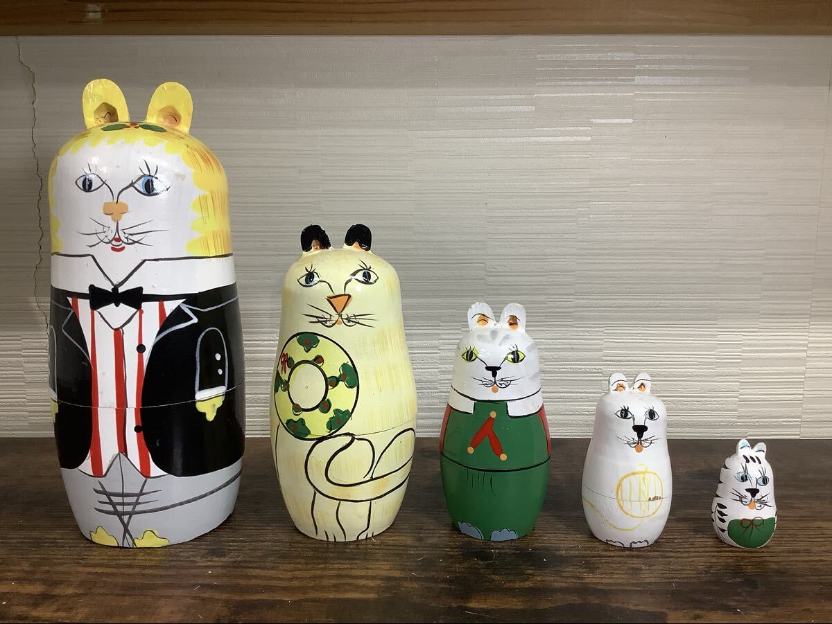 マトリョーシカ 猫 ネコ 5体 木製 【J011】拍卖