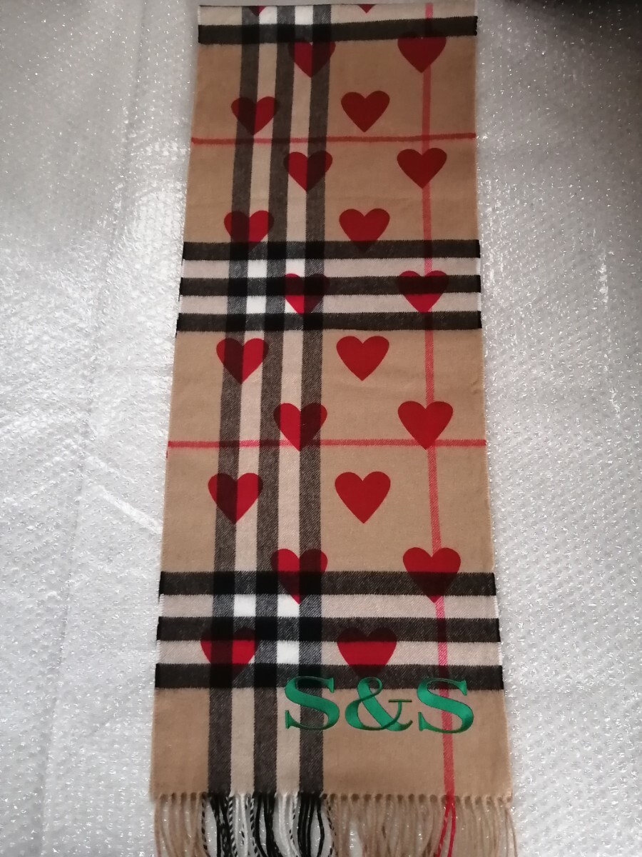 BURBERRY バーバリー マフラー ストール スカーフ ショール カシミヤ100% キャメル&レッドハート S&Sイニシャル刺繍 送料無料拍卖