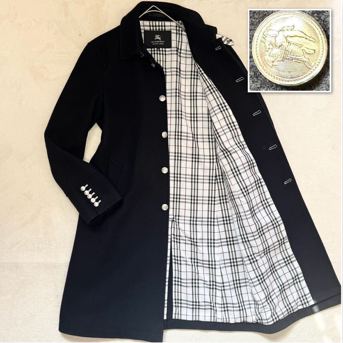 極美品◎バーバリーブラックレーベル カシミヤ ロングマリンコート Burberry Black Label ロゴ刺繍 シルバーボタン ダブラック系 黒 メンズ拍卖
