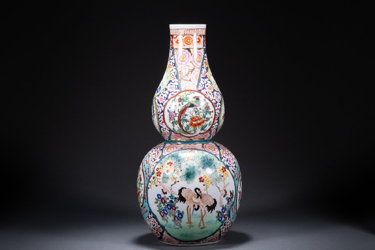 【珍品堂】1円から OS23 時代物 染錦 鶴花紋 細密絵付 瓢箪 花瓶 大花瓶 高62.3cm 花入 希少 飾壺 伝統工芸 陶芸 骨董品 古美術拍卖