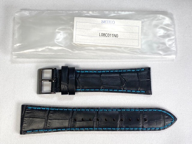 L08C011N0 SEIKO 22mm 純正革ベルト カーフ型押し 7T92-0NK0/SNDD71用 ブラック 水色ステッチ ネコポス送料無料拍卖
