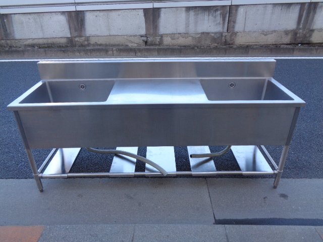 【インボイス登録店】■クリーニング済み■ ステンレス2槽シンク 作業台付き ◆幅2000X奥行600◆東京都葛飾区■81拍卖