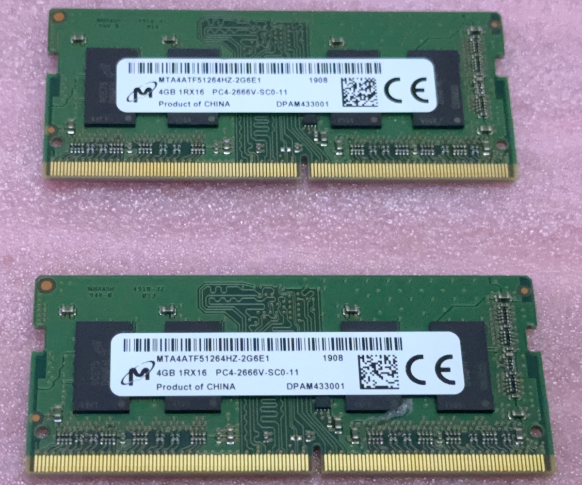 >Micron MTA4ATF51264HZ-2G6E1 2枚セット *PC4-21300/DDR4-2666/PC4-2666V 260Pin DDR4 SO-DIMM 8GB(4GB x2) 動作品拍卖