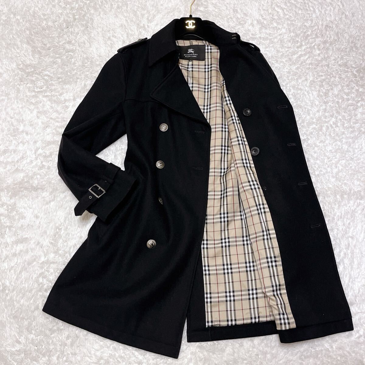 極上の逸品 バーバリーブラックレーベル カシミヤ混 トレンチコート ノバチェック BURBERRY BLACK LABEL ダブル 黒 ホースロゴボタン M拍卖