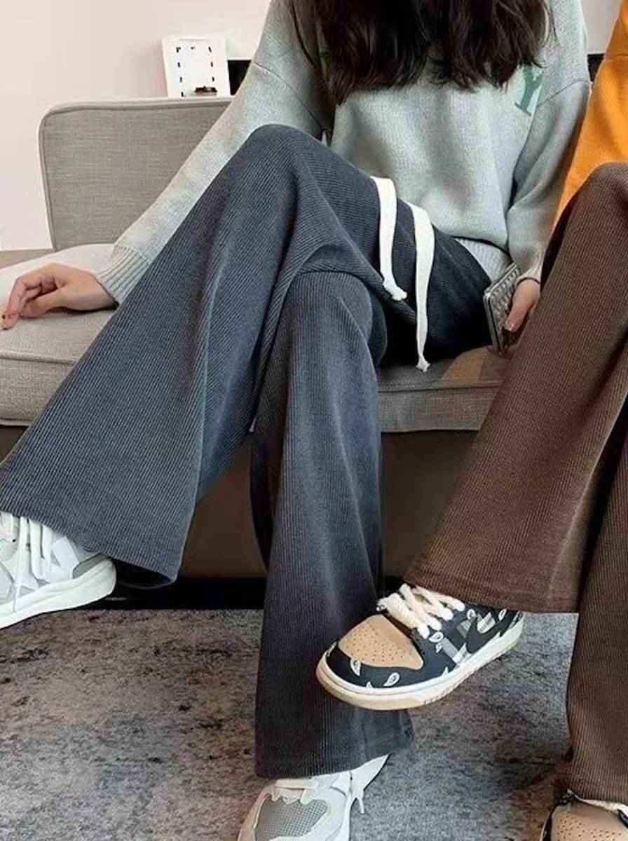 送料無料★即納 ロング丈 ウエストゴム ワイドパンツ ロングパンツ リブパンツ レディース ヘビロテ★グレー拍卖