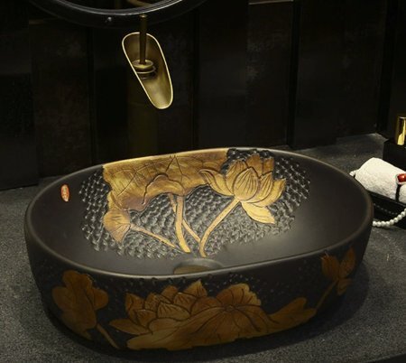 小楕円古復古台上盆黒手洗い盆中国式芸術洗面器陶磁台盆面鉢家庭用拍卖