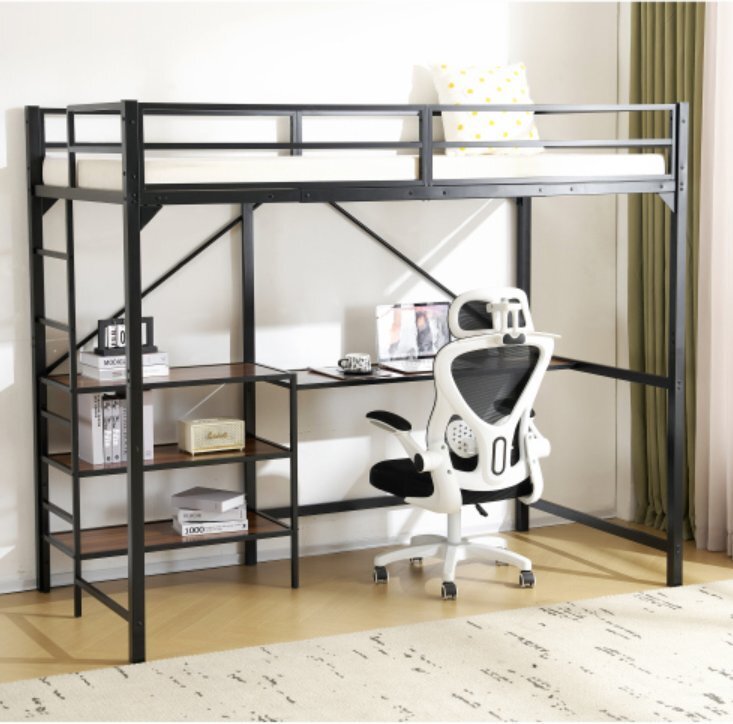 【国内発送】新作 ブラック ロフトベッド パイプベッド デスク付き ラック棚付き シングルベッド ロータイプ ロータイプ 木 北欧風 おし拍卖