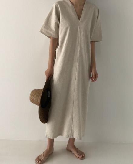 LHK823★無地ワンピース レディース マキシワンピース ロング丈 体型カバー 大きいサイズ 綿麻混 着痩せ ゆったり 森ガールシンプル拍卖