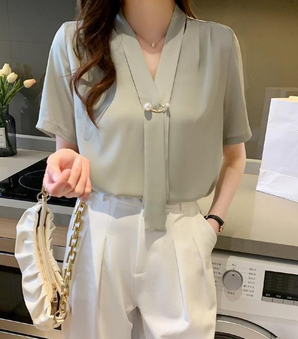 LHK812★エレガント ブラウス レディース トップス シャツ シンプル カジュアル シフォン カットソー ボウタイ 無地 拍卖