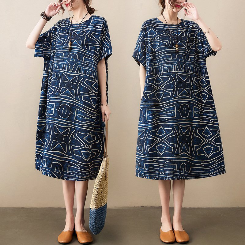 ZJM977 *プリント柄綿麻*半袖ロングワンピース*ブルー 新品春夏**レディース*カジュアル*ゆったり大きいサイズ体型カバー拍卖
