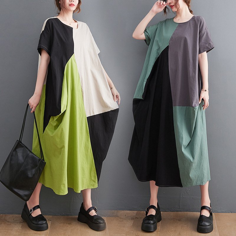 ZJM979 風素材のロング丈半そでワンピ変形ぷっくりスカート 新品カラーブロックがおしゃれ 大きいサイズ☆コットン拍卖