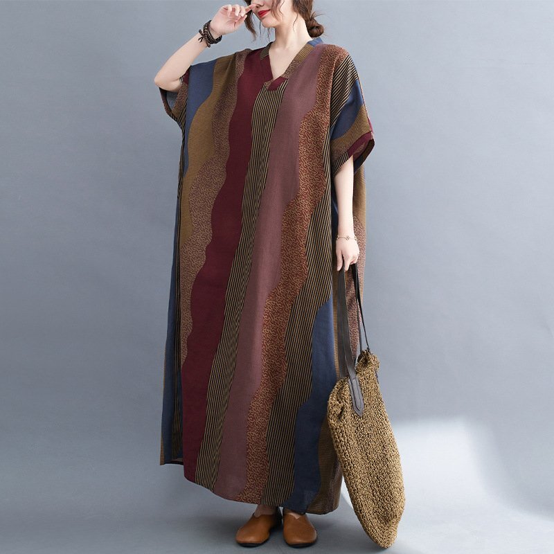 ZJM993 *総柄ボーダー柄*綿麻Vネック半袖マキシロングワンピース 新品夏*レディース*カジュアル*ゆったり大きいサイズ体型カバー拍卖