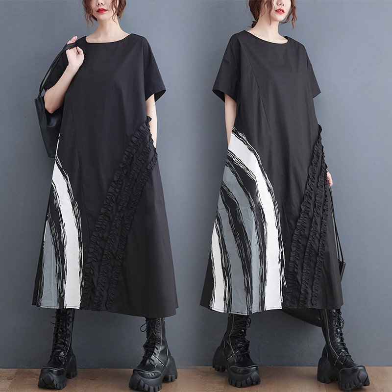 ZJM1041 *半袖マキシロングワンピース*  新品春夏*レディース*カジュアル*体型カバー*プリント*フリルゆったり大きいサイズ拍卖