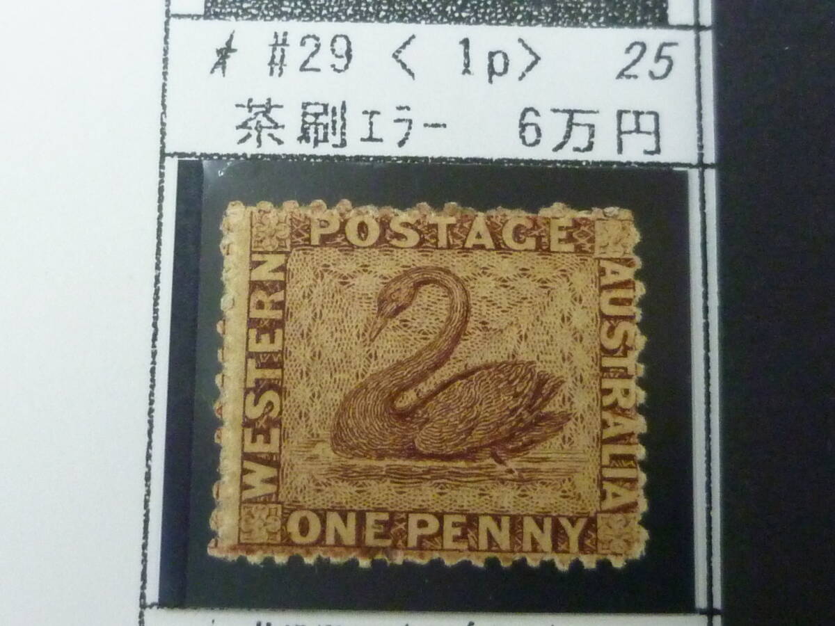 25 S №25 オーストラリア切手 WESTERN AUSTRALIA 1854-1912年 SC#29 1p 茶刷エラー 未使用OH ※説明欄必読拍卖
