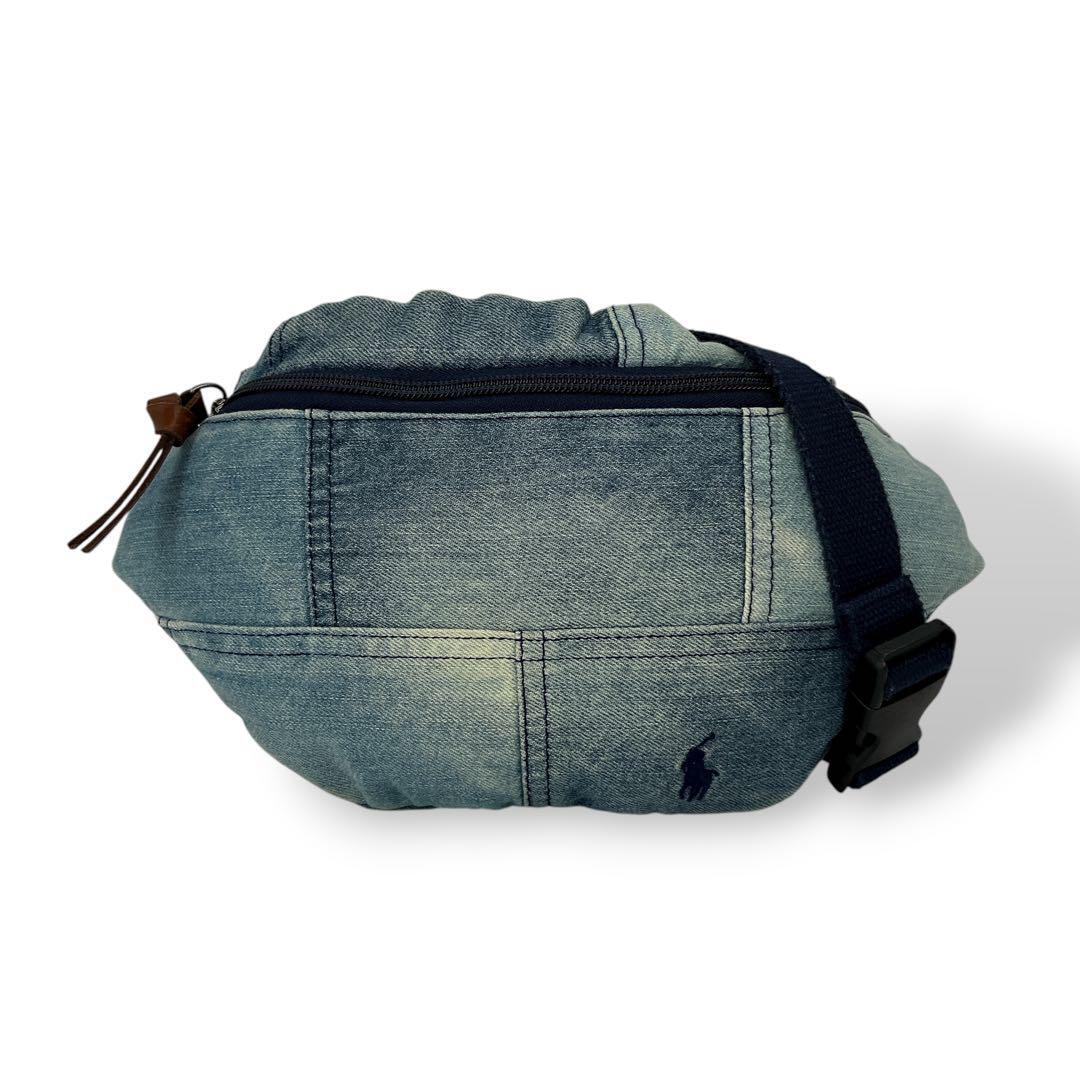 美品 POLO RALPH LAUREN ポロラルフローレン ボディバッグ デニム パッチワーク ウエストポーチ 青 ブルー デニム 刺繍ロゴ拍卖