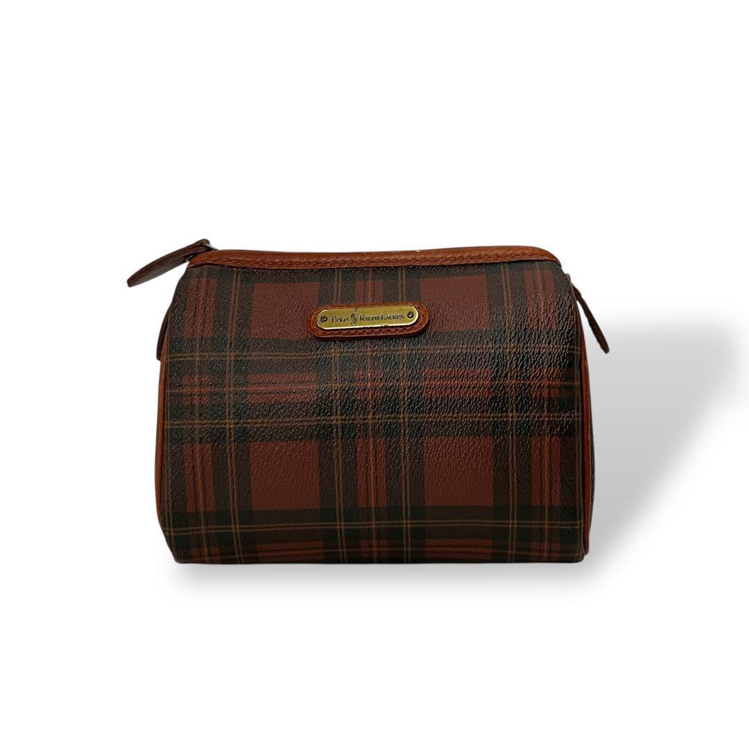 オールド POLO RALPH LAUREN ポロラルフローレン ポーチ ロゴプレート チェック柄 PVCレザー 赤 コスメポーチ ヴィンテージ拍卖