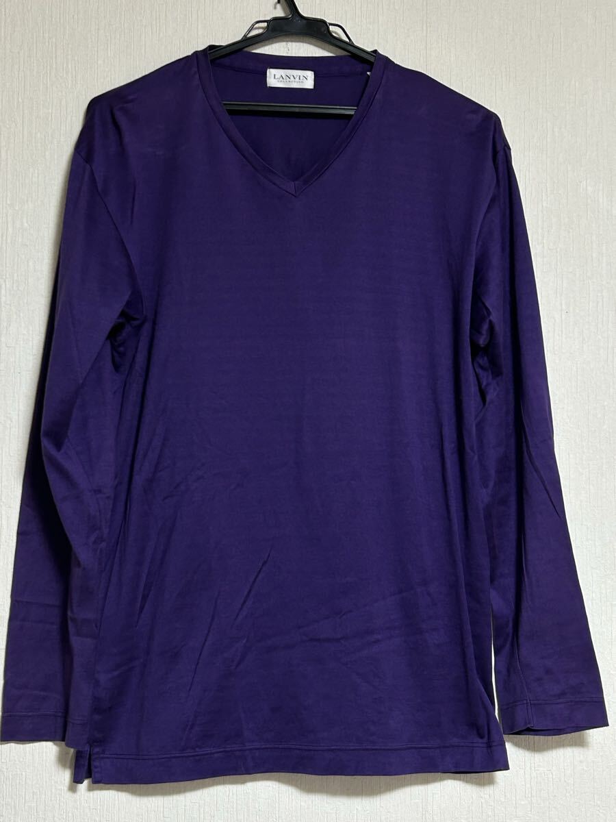 LANVIN COLLECTION ランバンコレクション シャドウボーダー Vネック長袖Tシャツ 紫拍卖