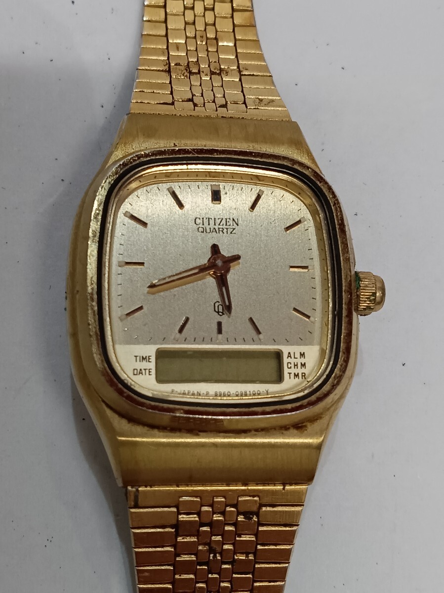 CITIZEN レディース アナデジ 腕時計 ゴールド文字盤 8960-094671K シチズン スクエア クオーツ 電池切れ現状品 ベルト故障拍卖