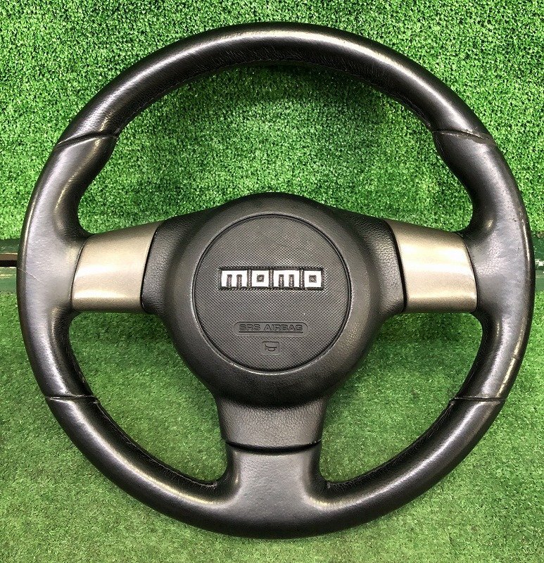 ☆タント L375S MOMO レザーステアリング ハンドル 傷・スレ・メッキハゲ・劣化・汚れ有り 送料サイズ【B】拍卖