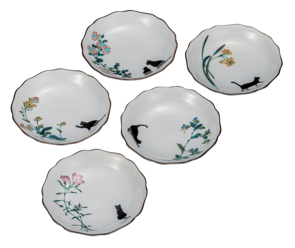 九谷焼! ☆黒猫さんぽ日和・4.5号皿セット☆ K9-73 飯碗 飯茶碗 丼 どんぶり 鉢 多用丼 碗 プレート ギフト拍卖