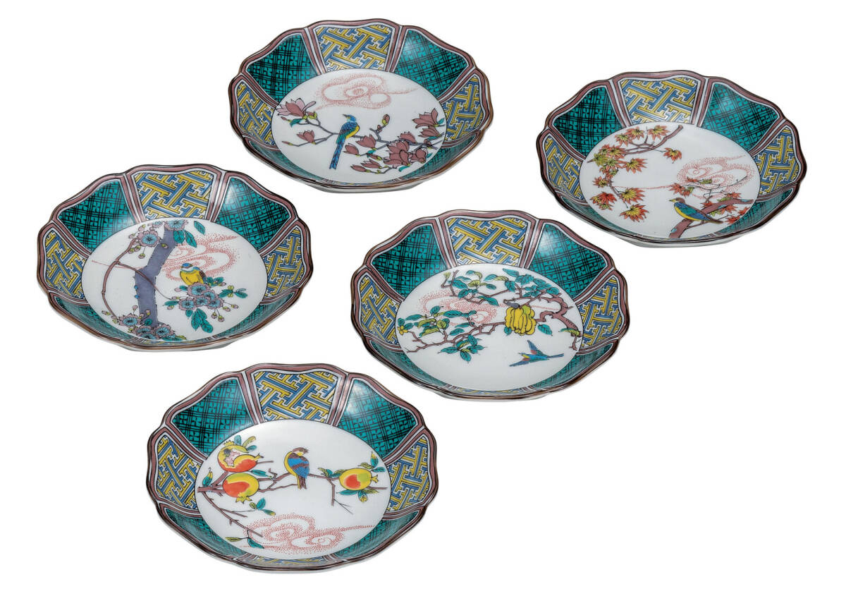 九谷焼! ☆花鳥絵変り・4.5号皿セット☆ K9-89 飯碗 飯茶碗 丼 どんぶり 鉢 多用丼 碗 プレート ギフト拍卖