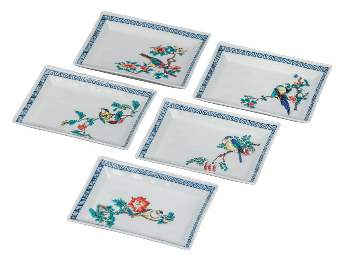 九谷焼! ☆花鳥絵変り・5.8号長角皿セット☆ K9-113 飯碗 飯茶碗 丼 どんぶり 鉢 多用丼 碗 プレート ギフト拍卖