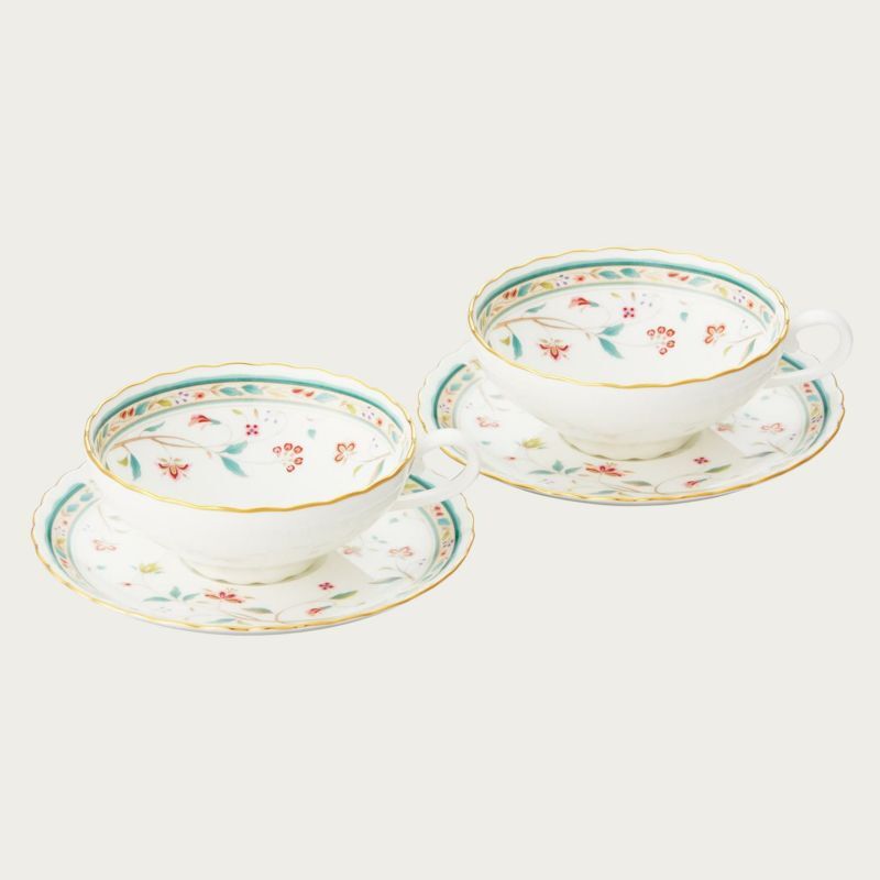 ノリタケ!  ☆花更紗・ペアコーヒー碗皿☆ 新品 珈琲 紅茶 ミルク ラテ エスプレッソ 茶器 ギフト拍卖