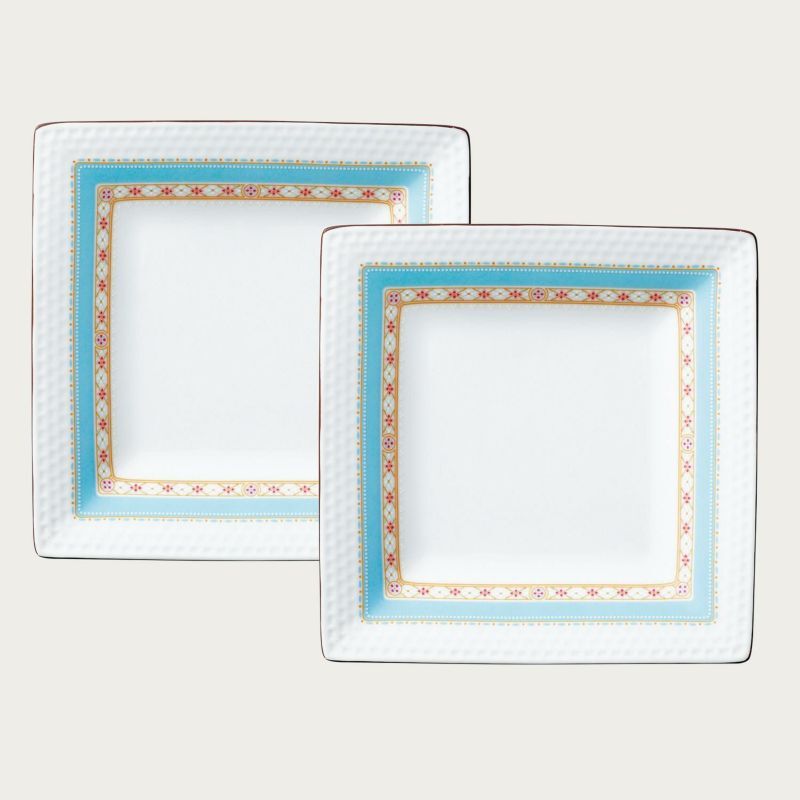 ノリタケ! ☆ハミングブルー・スクエアペアプレート☆ 皿 ケーキ プリン シャーベット アイスクリーム 碗 ギフト拍卖