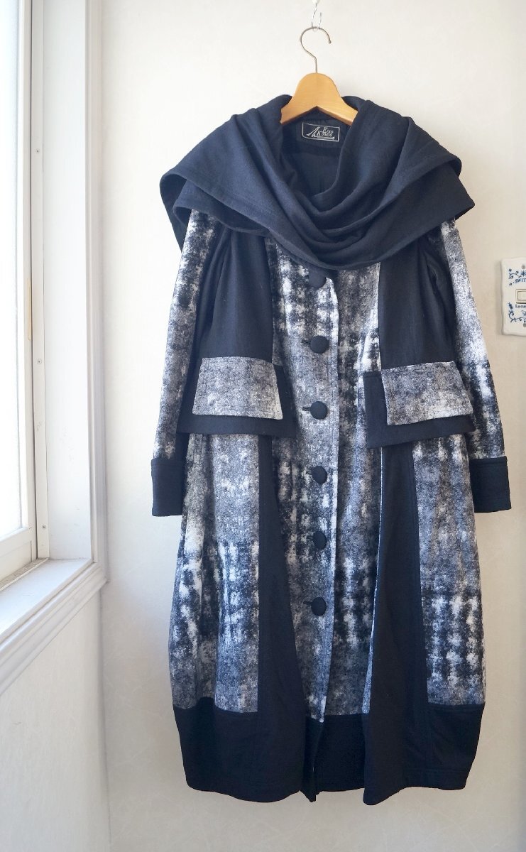 ★ EIKO KONDO /エイココンドウ *外せる♪ フード付き 千鳥ウール ロングコート /黒 42* 古着のgplus広島 2510t4拍卖