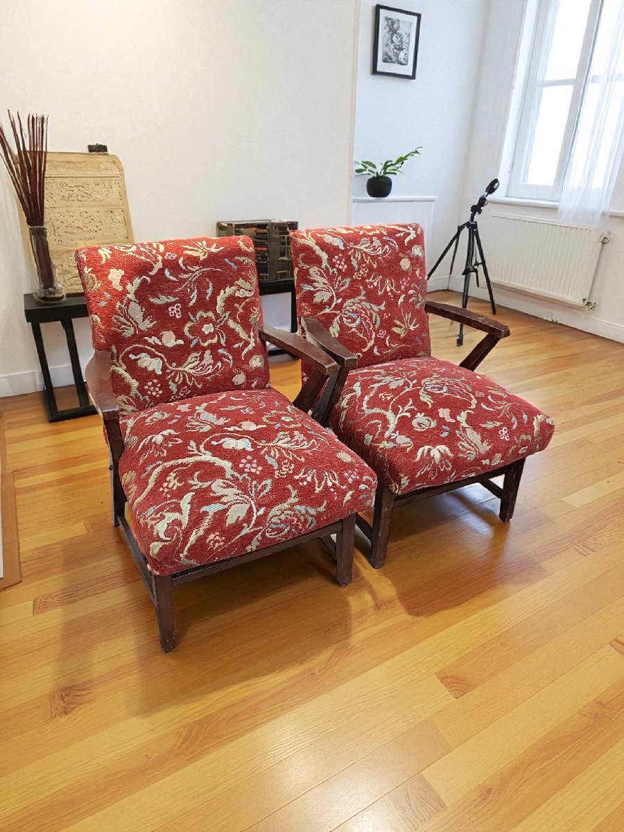 ○可愛いジャガード布張りのソファ 腰掛椅子 2点セット えび茶お花柄 レトロ ガーリー ヴィンテージ 古道具のgplus広島 2510i拍卖
