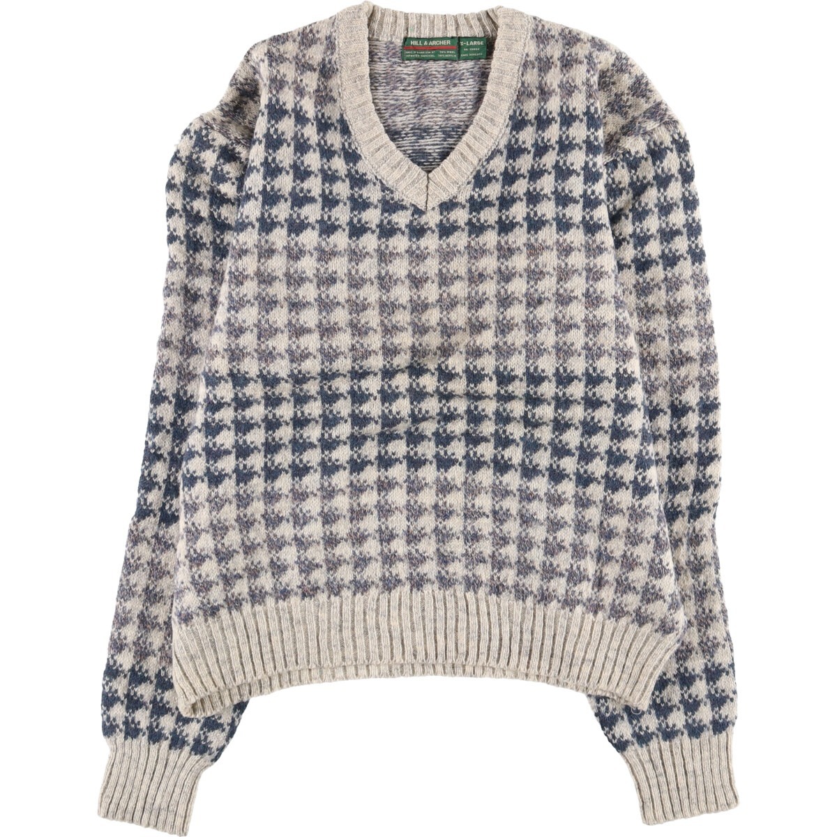 古着 HILL AND ARCHER 総柄 千鳥格子柄 Vネック ウールニットセーター メンズXL相当 /eaa583079拍卖