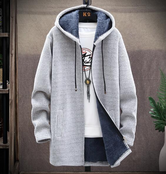 新作秋冬新品メンズカーディガンニットセーター ロング 裏起毛裏ボア 厚手コート無地 細身 フード付きパーカー 五色 M~4XL選択ライトグレー拍卖