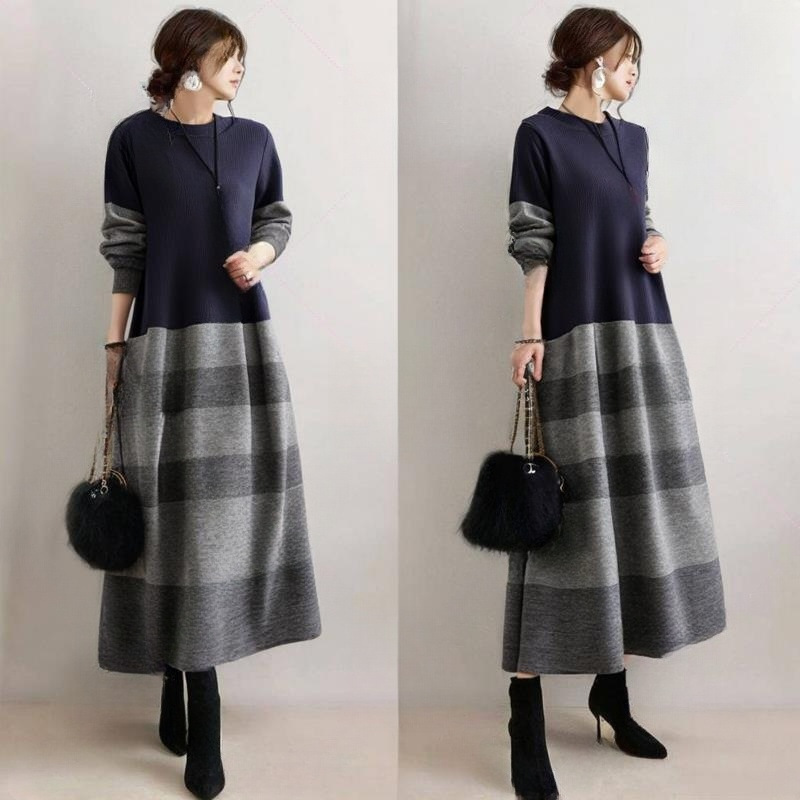 人気推薦ワンピース Aライン ボーダー柄 切替 気質 ロングワンピース 長袖 レディース き れいめ マキシワンピース ゆったり拍卖