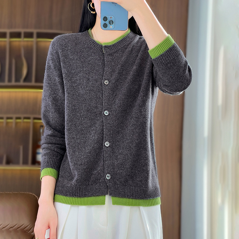 新品上質ニットカーディガン レディース カシミヤ 長袖 ニット トップス 通勤 オフィス ニット アウター ニットセーター ダークグレー拍卖