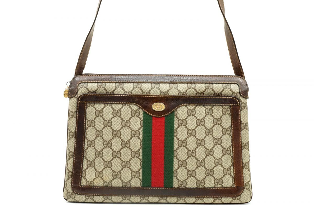1円〜 オールド グッチ ヴィンテージ ショルダーバッグ GGプラス シェリーライン PVCキャンバス 茶 ブラウン GUCCI 4235h拍卖